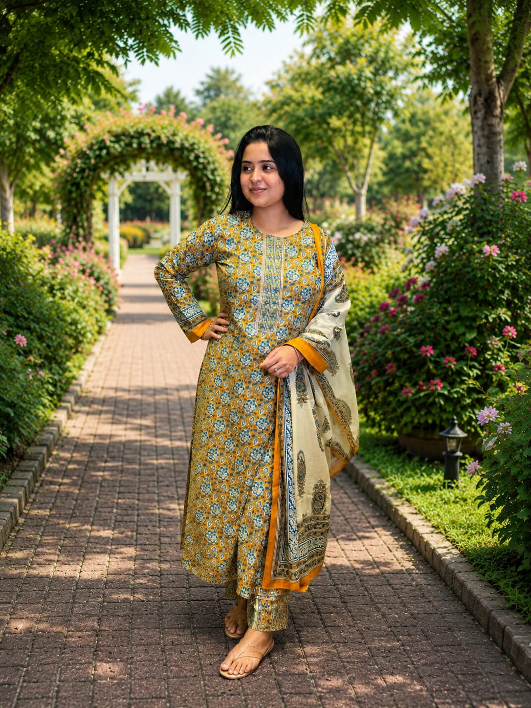 Royal Mustard Kalamkari Printed 3-Piece Suit Set